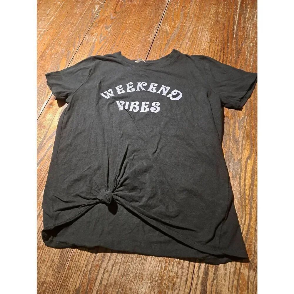 Medium Tres Bien Black Short Sleeve Tie Waist Weekend Vibes Pullover Tee Tshirt